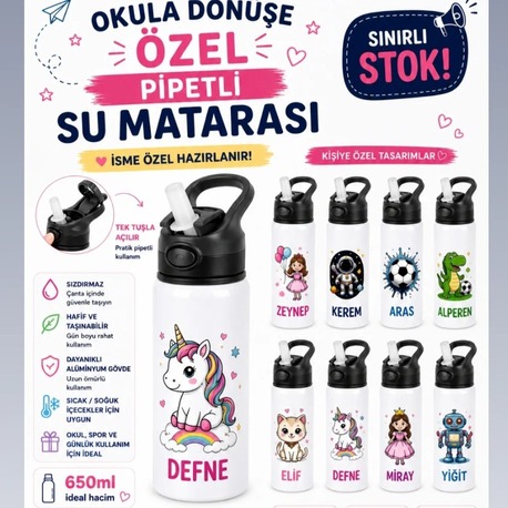 Kişiye Özel Pipetli Çocuk Su Matarası 650 ml