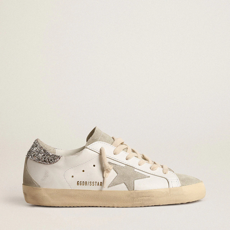 Golden Goose Super-Star with gray star and silver glitter heel tab
