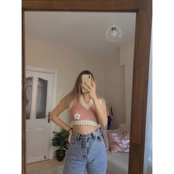 Pudra-Krem Çiçekli Crop Süveter ♡