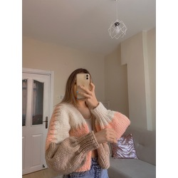Krem-Pudra-Kahve Oversize Hırka♡
