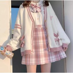   Pembe Çizgi Ve Kurdele Detaylı Beyaz Oversize Hırka