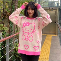 Pembe Hello Kitty - Teddy Friend Desenli Ekru Oversize Kazak
