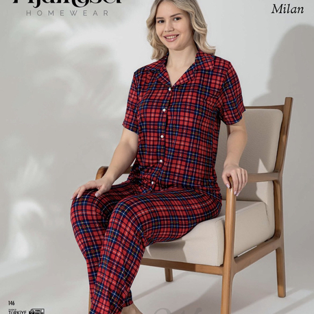 Kareli Pijama Takımı Düğmeli 