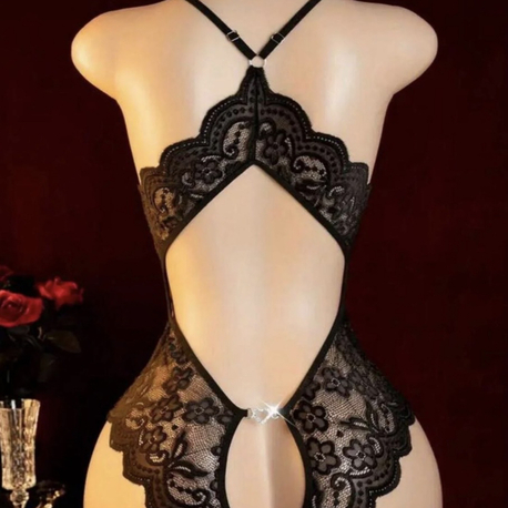 Büyük Beden Özel Bölgesi Açık Bodysuit Siyah