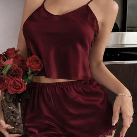 Saten Şortlu Takım Bordo