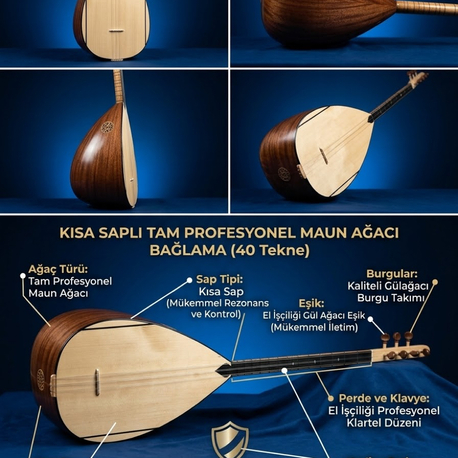Uzun Saplı Tam Profesyonel Maun Ağacı Bağlama (40 Tekne) - Ladin Kapaklı
