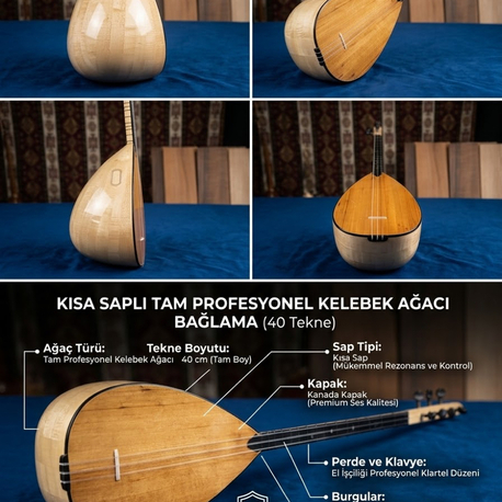 Tam Profesyonel Kısa Sap Kelebek Ağacı Bağlama (40 Tekne) - Kanada Kapaklı 