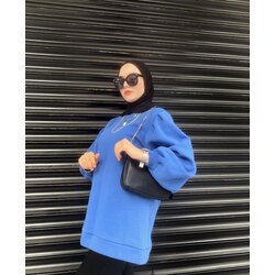 Kolları Pileli Mavi Sweatshirt 