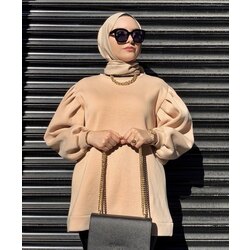 Kolları Pileli Bej Sweatshirt