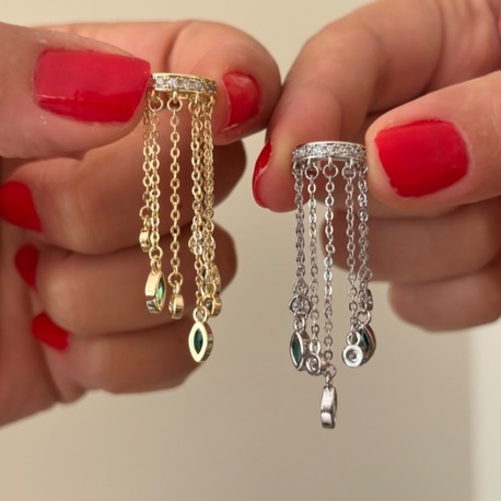Vip 14K Yeşil Taşlı Zincir Detay Kıkırdak Küpe