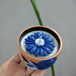  Çiçekli Sırlı Toprak Mumluk ( MAVİ )