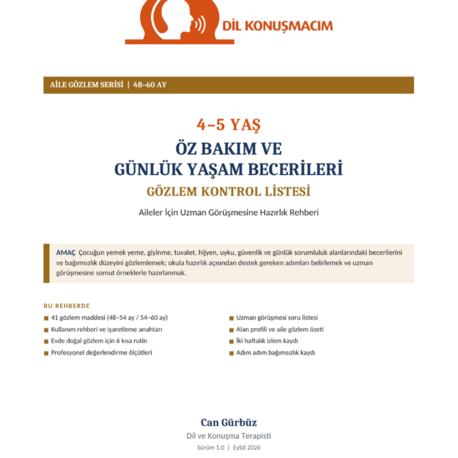 4–5 Yaş Öz Bakım ve Günlük Yaşam Becerileri Gözlem Kontrol Listesi | Aile Rehberi