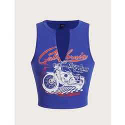 Dragron Motorsiklet ve Harf Baskılı Çentikli Yaka Tank Top-Mavi 