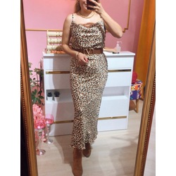 LEOPAR DESEN KALIN SATEN ELBİSE
