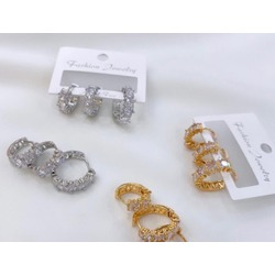 GOLD-SILVER TAŞLI ÜÇLÜ HALKA KÜPE