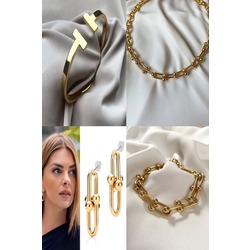 Altın Renk Tiffany Blanca Kombin Set Kolye, Bileklik, Kelepçe Ve Küpeden Oluşan Kombin