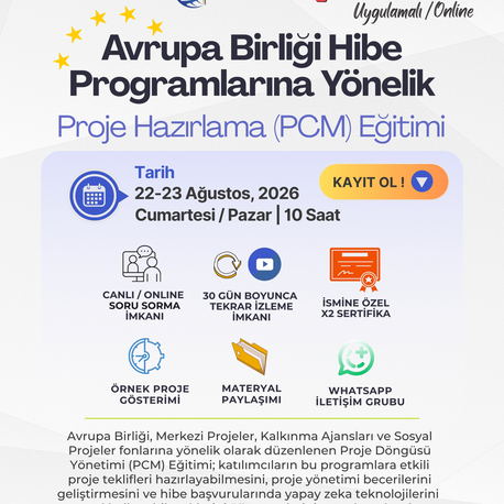 22-23 Ağustos | Avrupa Birliği Hibe Programlarına Yönelik – Proje Hazırlama (PCM) Eğitimi