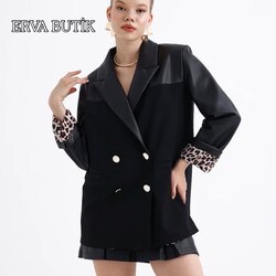 Leopar Detaylı Deri Ceket 