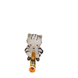 SKSKED El Yapımı Cam Sarı Saksafon Çalan Siyah Çizgili Kedi Biblo Minik Cam 4x4x3cm