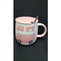 1GP-3487 Gift Point Porselen Kupa Car Kapaklı Metal Kaşıklı Hayvan Pembe 1 Adet
