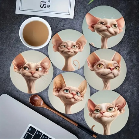 FX5137276 A 6 Parça Sphynx Kedi İfadesi Bardak Altlığı Seti Kahve ve Çay İçin