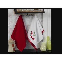 0752214801 Pamuk Mutfak Havlusu Tekstili 40x60 2'li Kiraz Beyaz Kırmızı Nakışlı Desen Style