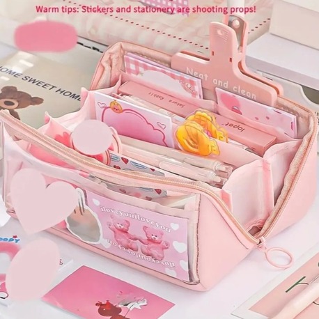 EW145373 Pembe Yaklaşık 80 Kalem Kapasiteli Kızlar İçin Şeffaf Katmanlı Kalem Kutu 1 Adet