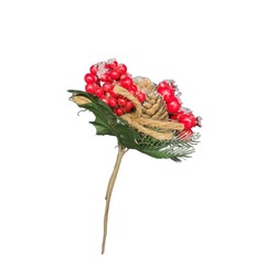 G48-0033 Yılbaşı Yapay Çiçek Kırmızı Biktili Kozalaklı Yapraklı Karlanmış 16cm boy