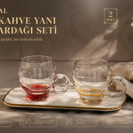 AC134222012026 Kristal 2’li Kahve Yanı Su Bardağı Seti – Kırmızı & Amber