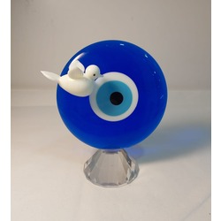 9214 El Yapımı Cam Mavi Nazar Boncuk Küçük Yuvarlak Beyaz Kuşlu Nazarlık 11x14cm Tekli Biblo