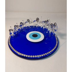 9212-PL El Yapımı Cam Mavi Nazar Taşlı Boncuk Üzerinde Platin Gümüş Renk Yedili Fil 15x6,5cm