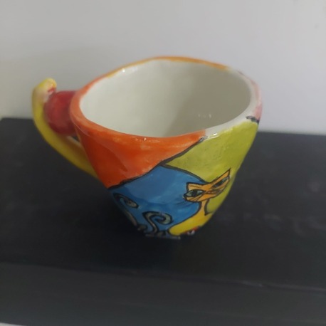 A6451055 Küçük Kupa El Yapım Yükseklik 7cm Genişlik 10cm Kedili Rengarenk Seramik 1 Adet