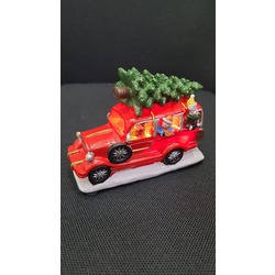 21-0348 Yılbaşı Süs Araba Poliserin 11x8x5cm Işıklı Kırmızı Çam Ağaç Biblo 1 Adet