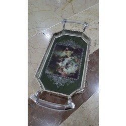 B37061 Dikdörtgen Metal Çift Kulplu Tepsi Fransız Güzel Kadınlar Orman Gümüş 1 Adet