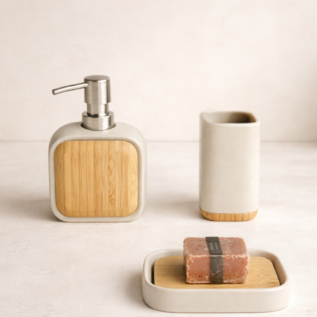 AD-S21070 Sau 3'lü Banyo Set Ahşap Sıvı Katı Sabunluk Diş Fırçalık Modern