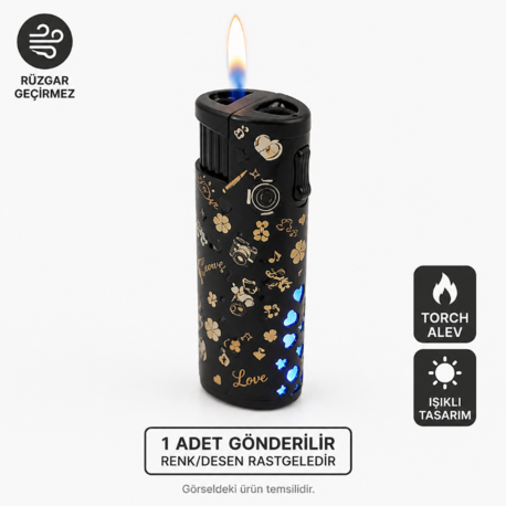  SM-184PC **Işıklı Rüzgar Geçirmez Torch Çakmak (Renk/Desen Rastgele, 1 Adet)**