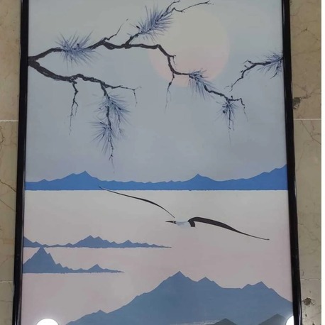 A350.236 52x72cm Cam Ahşap Siyah Kenarlı Tablo Kuş Ağaç Dağ Serigrafi L. Jacowitz 1 Adet