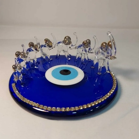 9212-G El Yapım Cam Mavi Nazar Taşlı Boncuk Üzerinde Gold Altın Renk Yedili Fil 15x6,5cm Biblo