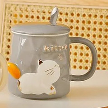 CGP-4404 Porselen Kupa Kapaklı Metal Kaşıklı Kitten Yavru Kedi 1 Adet