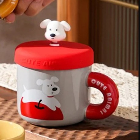 AGP-4359 Porselen Kupa Kapaklı Köpek Figürlü Kırmızı Elma Cute Animal 1 Adet
