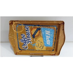 OPENSMTP56 Coffee Desenli Metal Tepsi Dikdörtgen Metal Sofra Tepsi 16x25cm Kahve 1 Adet
