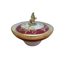 918695  Limoges Mediterranea Made in Italy Dipinto a Mano Kırmızı Gold Kapaklı Şekerlik Desenli