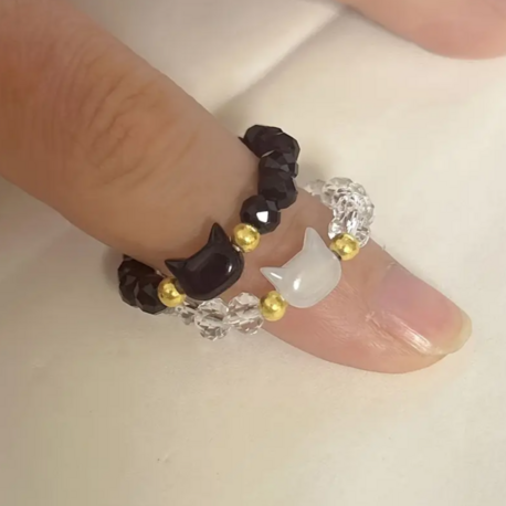 DW2993456 Yüzük Çifti Set Moda Siyah ve Beyaz Kedi Boncuklu Yüzük Seti 