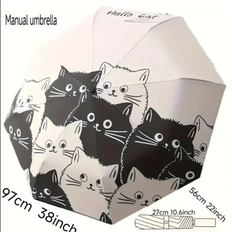 FB67307 Manuel Karikatür Siyah Beyaz Kedi Şemsiye UV Koruma Katlanabilir 1 Adet