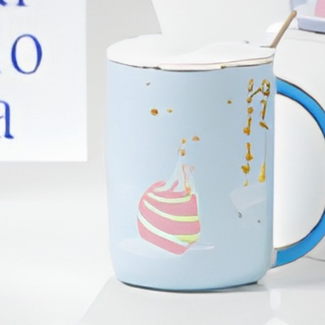 GP-4413 Porselen Kupa 380ml 8,9x7,5cm Kapaklı Metal Kaşıklı 1 Adet