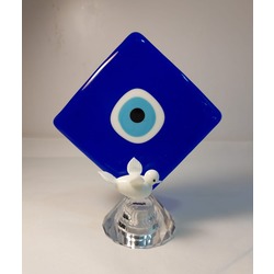 9217 El Yapımı Cam Nazar Boncuk Kare Beyaz Kuşlu Nazarlık 14x16cm Tekli Biblo