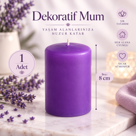 AB1943142025 Mor Dekoratif Silindir Mum 8 cm – Şık Ev Dekorasyon Mumu 1 Adet