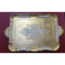 GOBEITTEPS Gold Beyaz Desenli İtalyan Gül Ağacı El Yapımı Büyük Tepsi 54,5x35,5cm