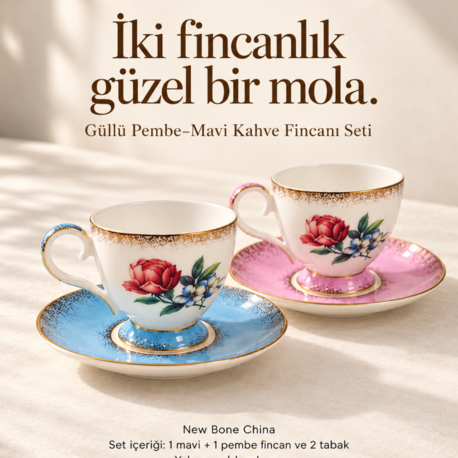 1631JXN055PK Güllü Pembe Mavi 2li Kahve Fincanı