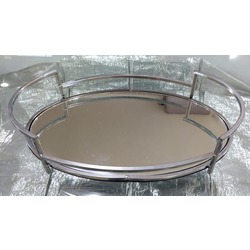 AWTHS 36x22cm Oval Gümüş Renk Metal Aynalı Cam Tepsi 15inch 1 Adet